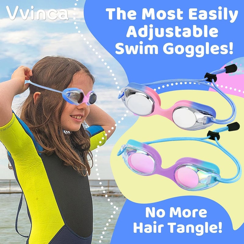 Vvinca Kids Swim Goggles with Bungee Strap No Leaking Anti Fog Toddler Goggles with Quick Adjust Ages 3-14 - Image 2
